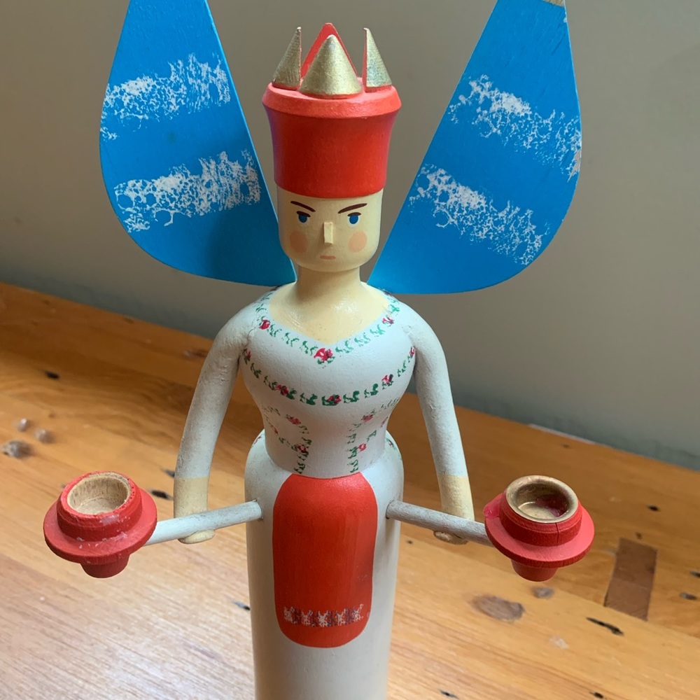 Vintage Folk Art Angel Candle Holder, Germany/ wood hand-painted
